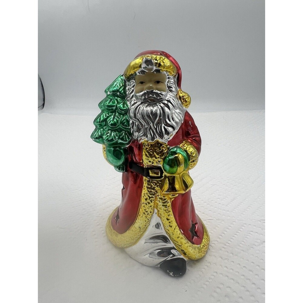 5 1/4” Santa Claus Tealight Candle Holder Holding Christmas Tree Shiny